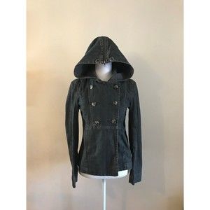 THEORY DOUBLE BREASTED HOODED DARK WASH DENIM JEAN JACKET~UNIQUE~SIZE P/XS SMALL